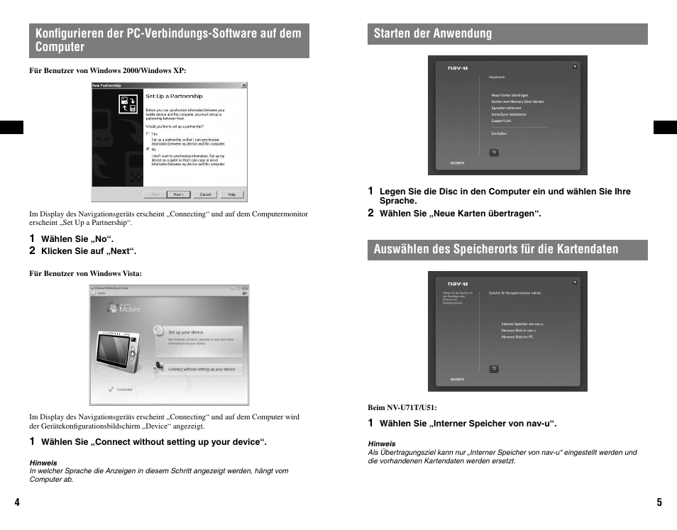 Starten der anwendung, Auswählen des speicherorts für die kartendaten | Sony NVD-U11E User Manual | Page 7 / 25