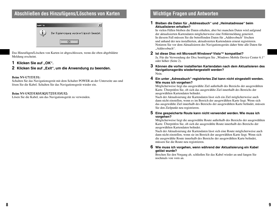 Abschließen des hinzufügens/löschens von karten, Wichtige fragen und antworten | Sony NVD-U11E User Manual | Page 9 / 25
