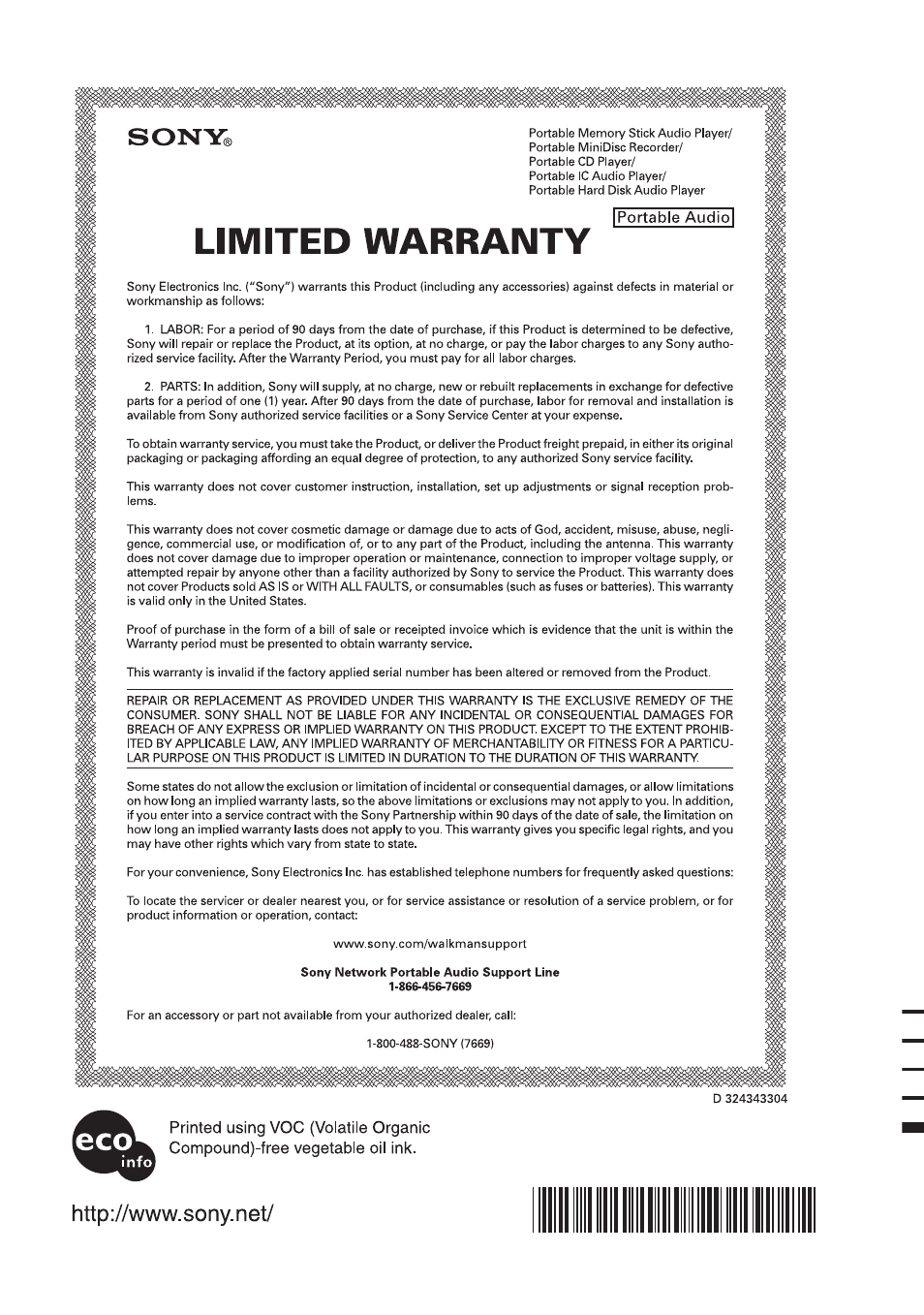 This warranty is valid only in the united states | Sony MZ-NHF800 User Manual | Page 132 / 132
