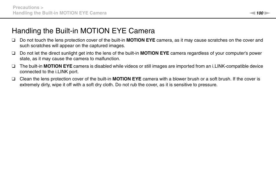 Handling the built-in motion eye camera | Sony VAIO VGN-NS300 User Manual | Page 100 / 146