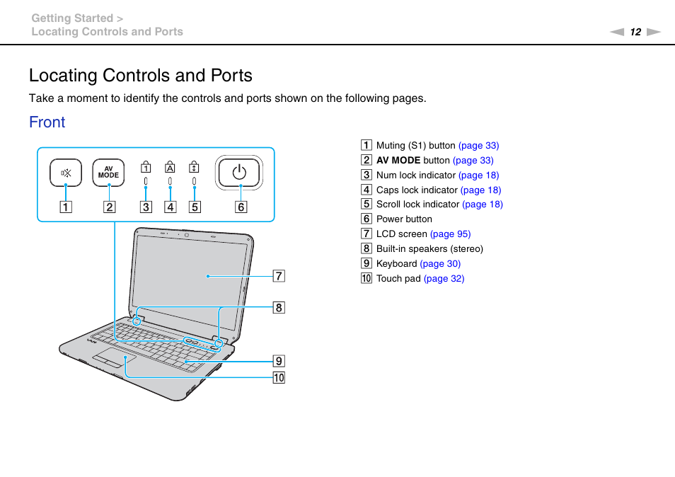 Locating controls and ports, Front | Sony VAIO VGN-NS300 User Manual | Page 12 / 146