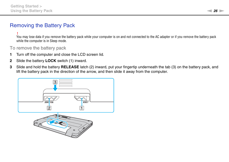 Removing the battery pack | Sony VAIO VGN-NS300 User Manual | Page 26 / 146