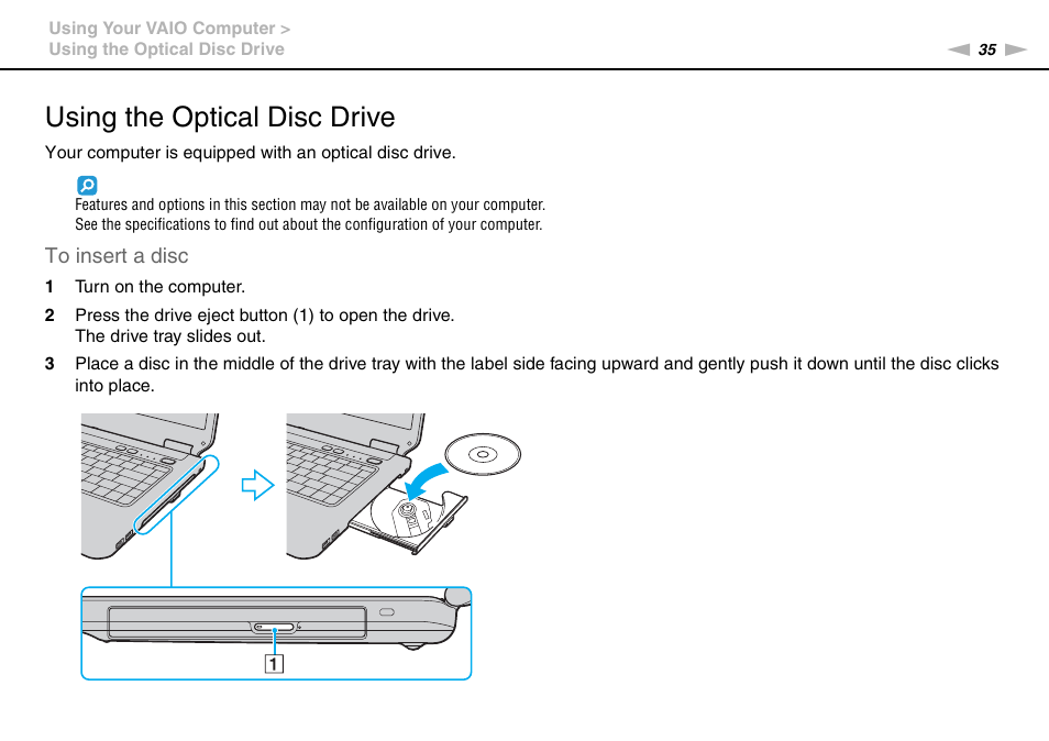 Using the optical disc drive | Sony VAIO VGN-NS300 User Manual | Page 35 / 146