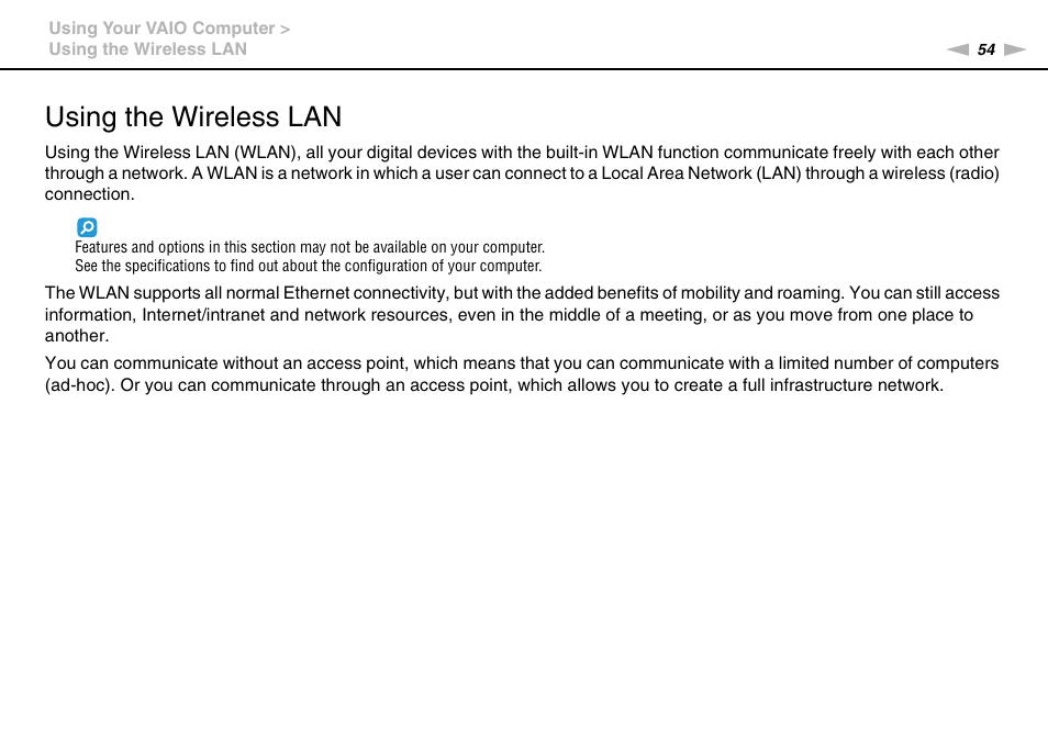 Using the wireless lan | Sony VAIO VGN-NS300 User Manual | Page 54 / 146