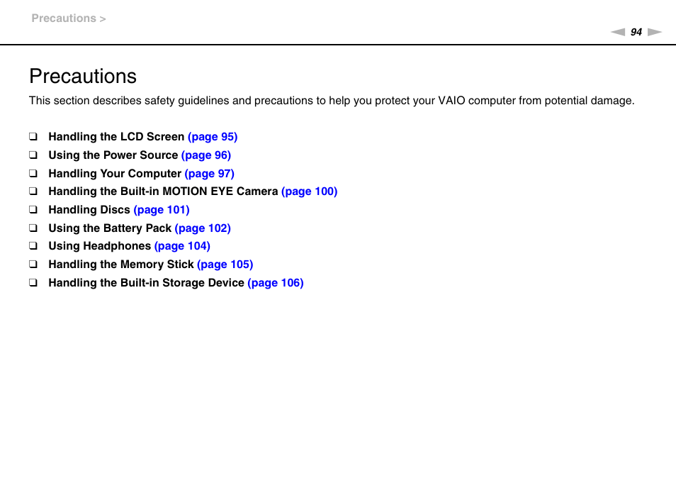 Precautions | Sony VAIO VGN-NS300 User Manual | Page 94 / 146