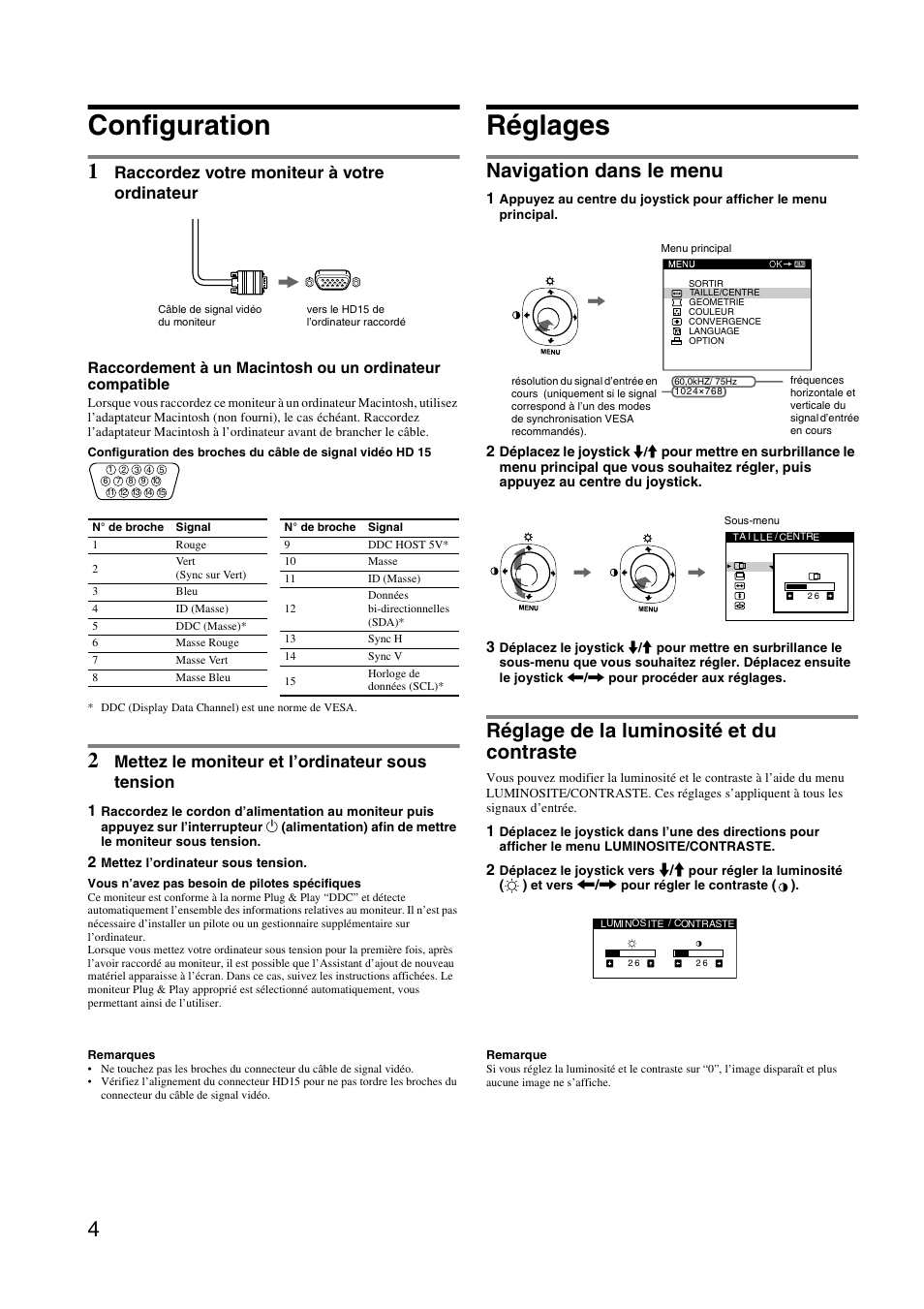 Configuration, Réglages, Navigation dans le menu | Réglage de la luminosité et du contraste, Raccordez votre moniteur à votre ordinateur, Mettez le moniteur et l’ordinateur sous tension | Sony HMD-A240 User Manual | Page 10 / 24