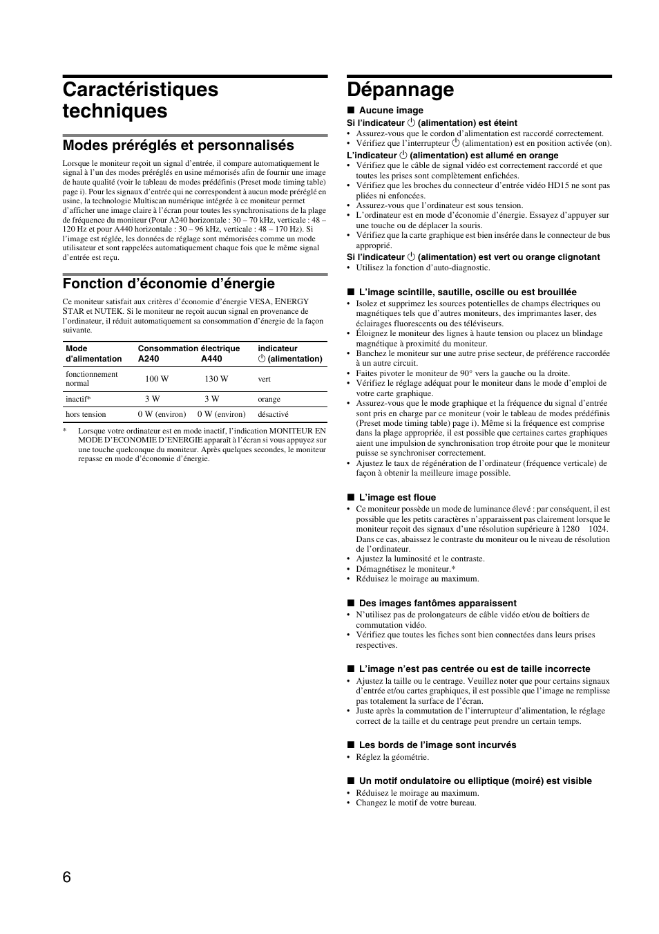 Caractéristiques techniques, Dépannage, Modes préréglés et personnalisés | Fonction d’économie d’énergie | Sony HMD-A240 User Manual | Page 12 / 24