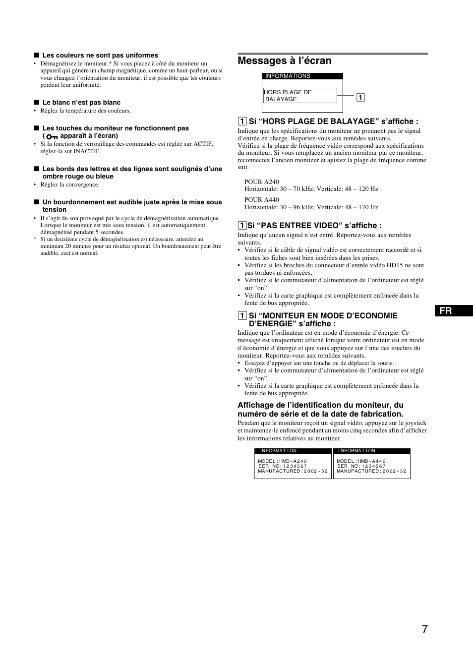 Messages à l’écran, 1si “hors plage de balayage” s’affiche, 1si “pas entree video” s’affiche | Sony HMD-A240 User Manual | Page 13 / 24