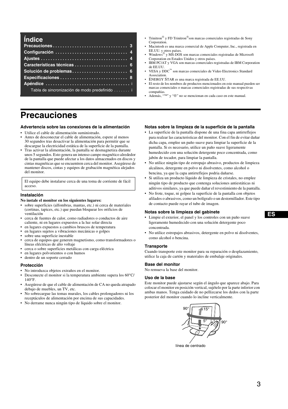 Precauciones, Índice | Sony HMD-A240 User Manual | Page 15 / 24