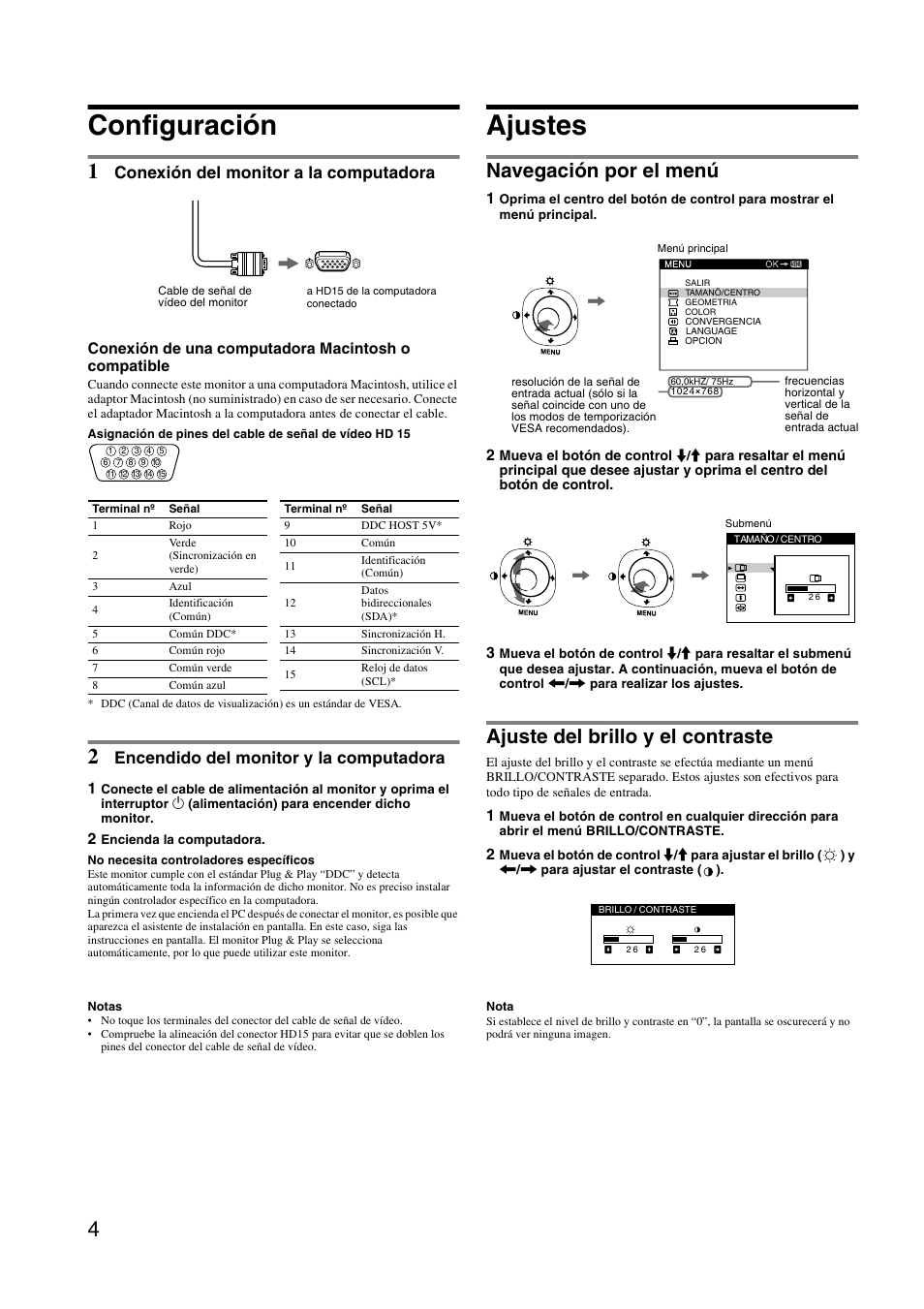 Configuración, Ajustes, Navegación por el menú | Ajuste del brillo y el contraste, Conexión del monitor a la computadora, Encendido del monitor y la computadora | Sony HMD-A240 User Manual | Page 16 / 24