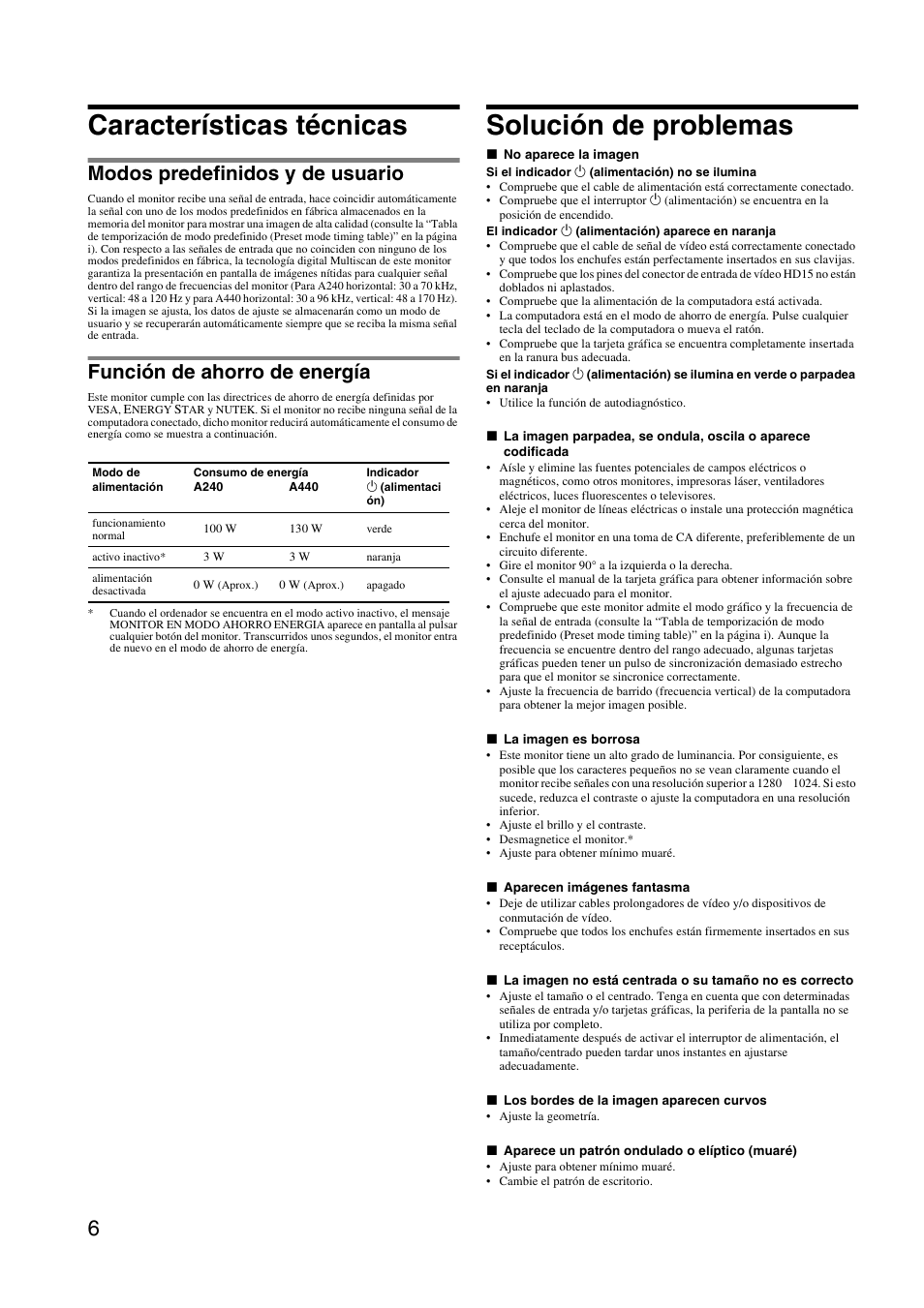 Características técnicas, Solución de problemas, Modos predefinidos y de usuario | Función de ahorro de energía | Sony HMD-A240 User Manual | Page 18 / 24
