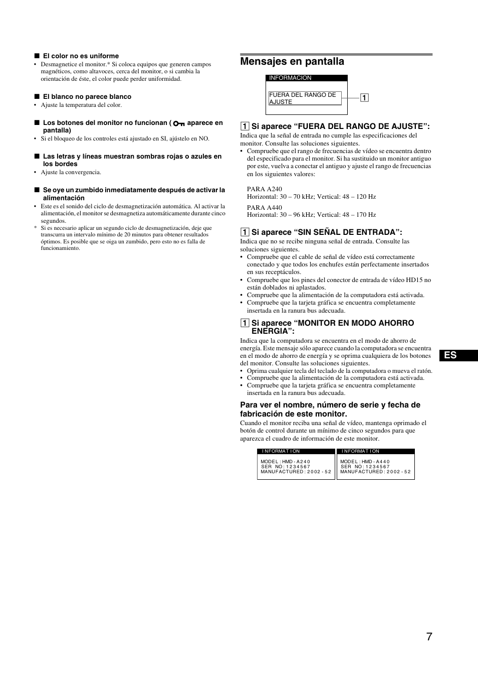 Mensajes en pantalla, 1 si aparece “fuera del rango de ajuste, 1 si aparece “sin señal de entrada | 1 si aparece “monitor en modo ahorro energia | Sony HMD-A240 User Manual | Page 19 / 24