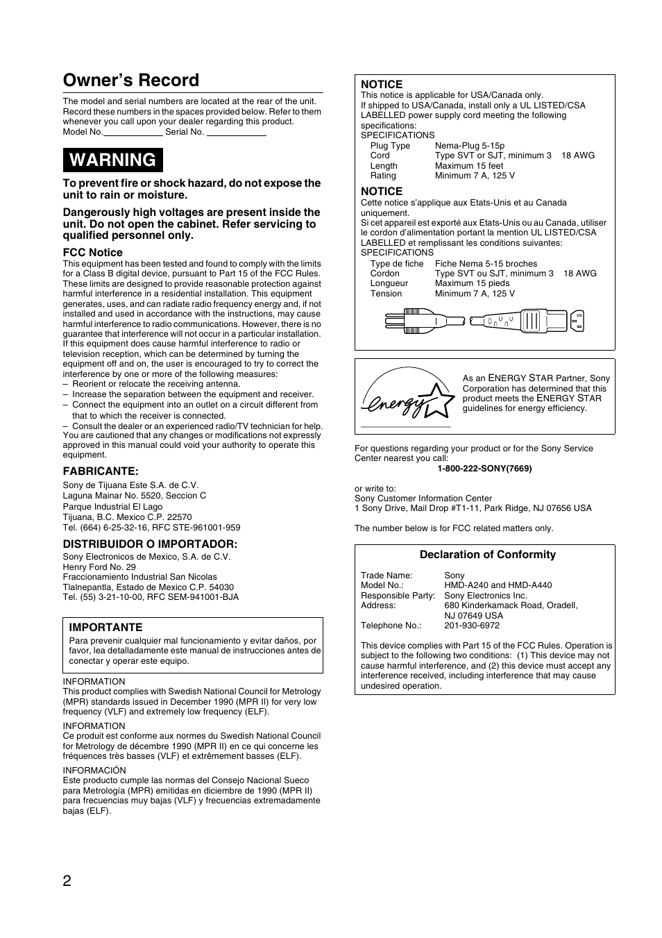 Owner’s record, Warning | Sony HMD-A240 User Manual | Page 2 / 24