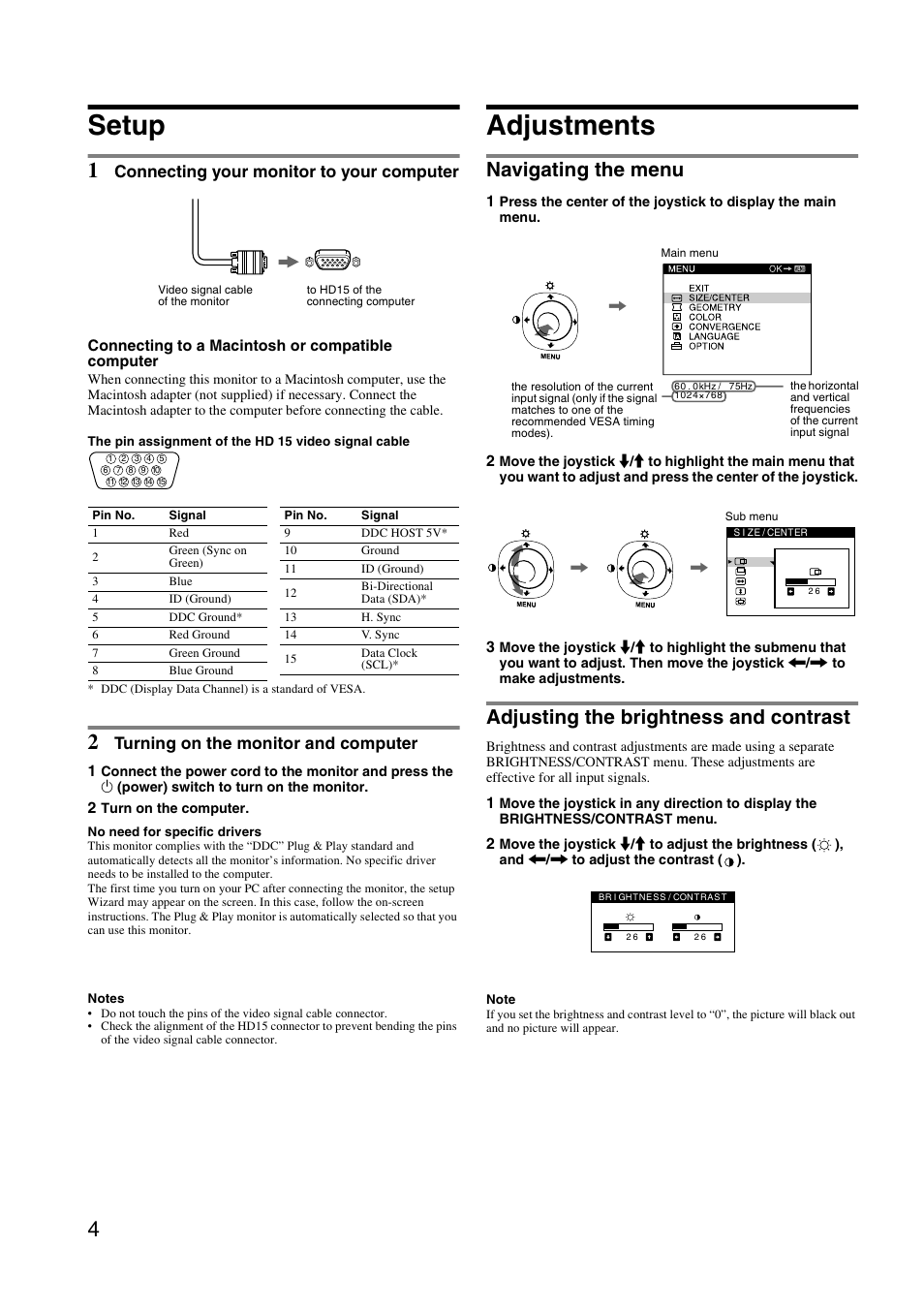 Setup, Adjustments, Navigating the menu | Adjusting the brightness and contrast, Connecting your monitor to your computer, Turning on the monitor and computer | Sony HMD-A240 User Manual | Page 4 / 24