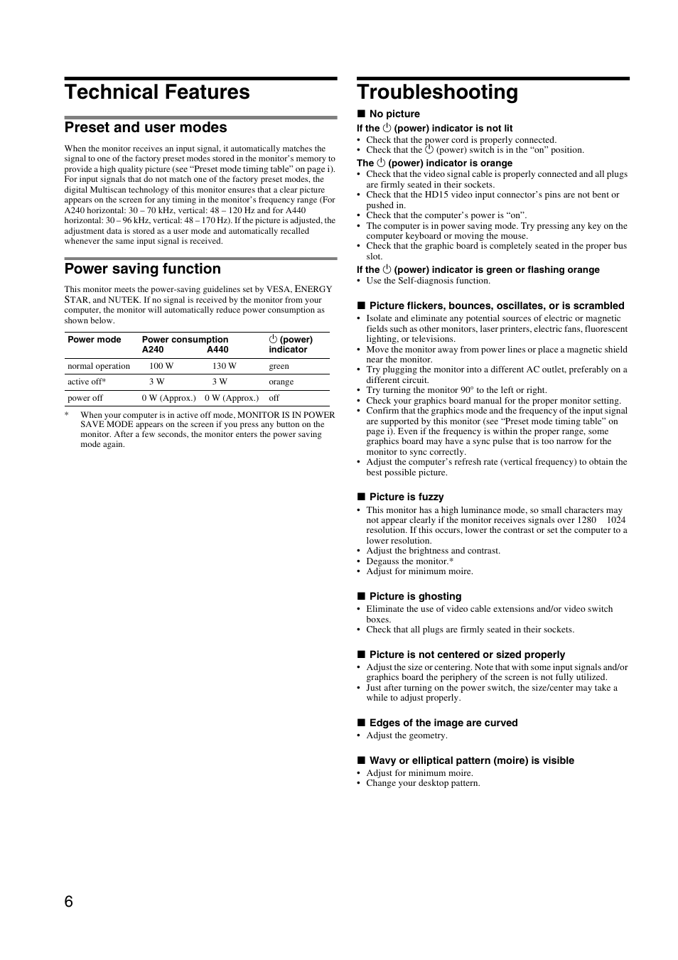 Technical features, Troubleshooting, Preset and user modes | Power saving function | Sony HMD-A240 User Manual | Page 6 / 24