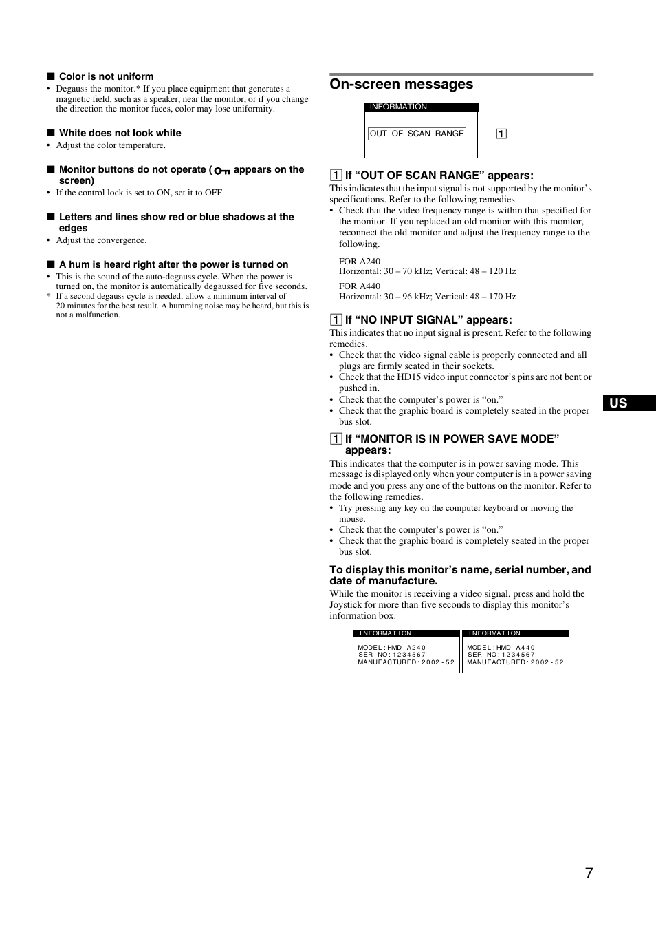 On-screen messages, 1 if “out of scan range” appears, 1 if “no input signal” appears | 1 if “monitor is in power save mode” appears | Sony HMD-A240 User Manual | Page 7 / 24