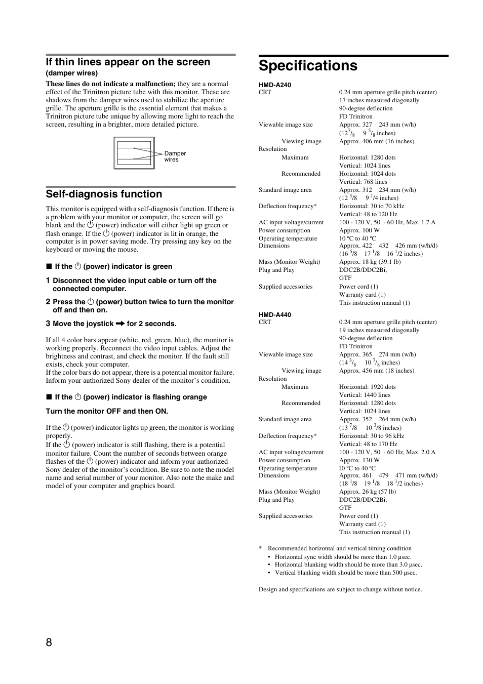 Specifications, If thin lines appear on the screen, Self-diagnosis function | Sony HMD-A240 User Manual | Page 8 / 24