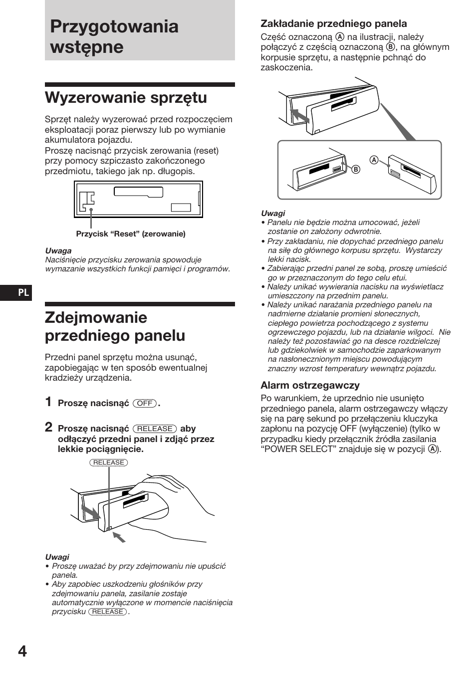 Przygotowania wstępne, Wyzerowanie sprzętu, Zdejmowanie przedniego panelu | Sony ASD-3N/W User Manual | Page 18 / 72