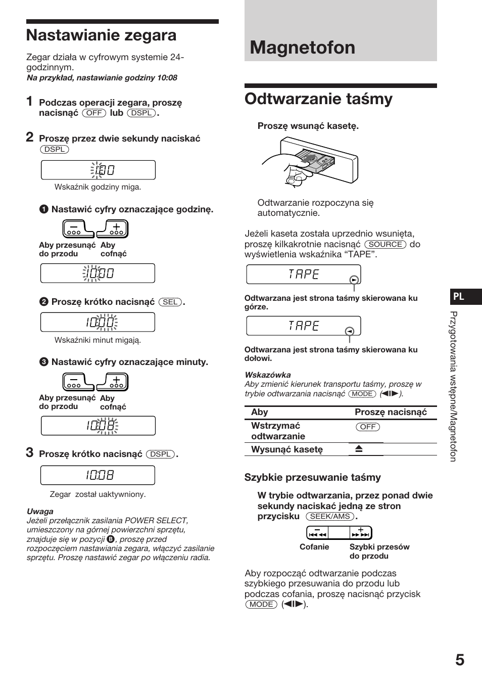 Magnetofon, Nastawianie zegara, Odtwarzanie taśmy | Sony ASD-3N/W User Manual | Page 19 / 72