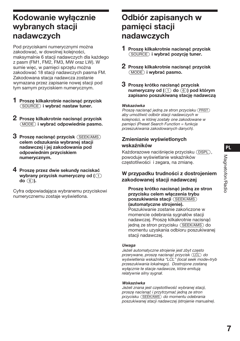 Kodowanie wyłącznie wybranych stacji nadawczych, Odbiór zapisanych w pamięci stacji nadawczych | Sony ASD-3N/W User Manual | Page 21 / 72