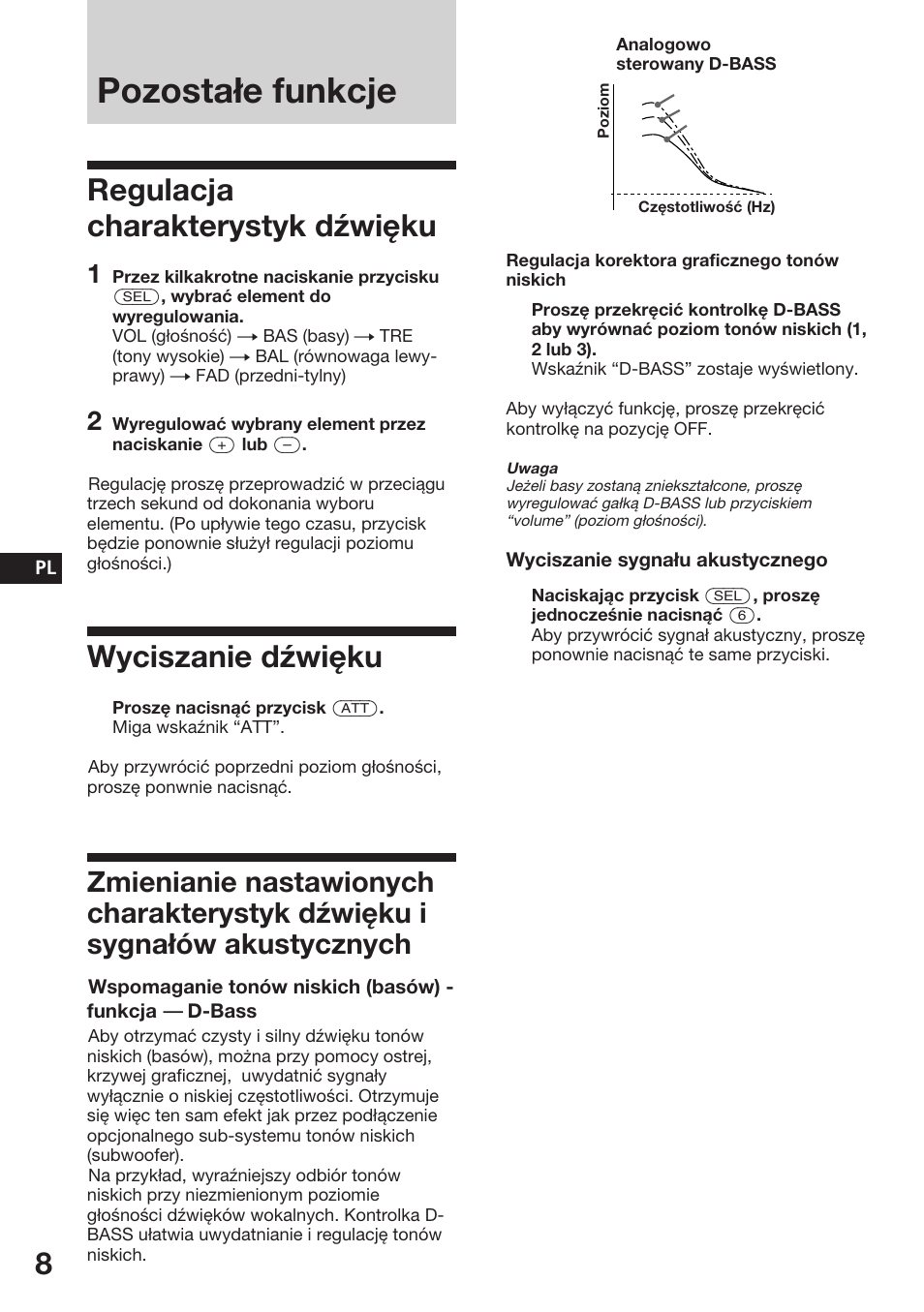 Pozostałe funkcje, Regulacja charakterystyk dźwięku, Wyciszanie dźwięku | Sony ASD-3N/W User Manual | Page 22 / 72