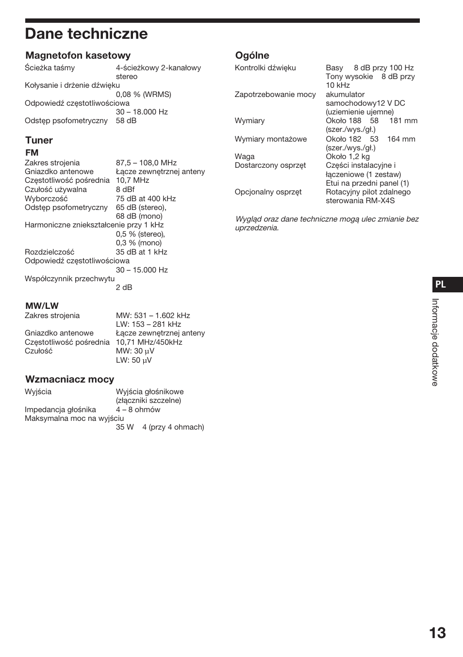 Dane techniczne, Magnetofon kasetowy, Tuner | Wzmacniacz mocy, Ogólne | Sony ASD-3N/W User Manual | Page 27 / 72