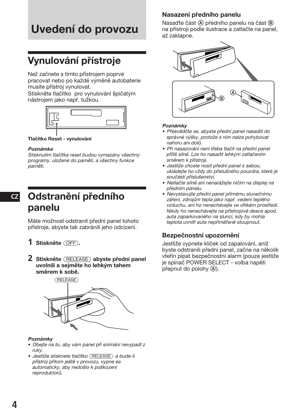Uvedení do provozu, Vynulování přístroje, Odstranění předního panelu | Sony ASD-3N/W User Manual | Page 32 / 72