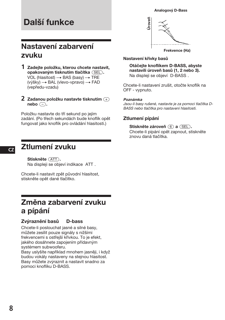 Další funkce, Nastavení zabarvení zvuku, Ztlumení zvuku | Změna zabarvení zvuku a pípání | Sony ASD-3N/W User Manual | Page 36 / 72