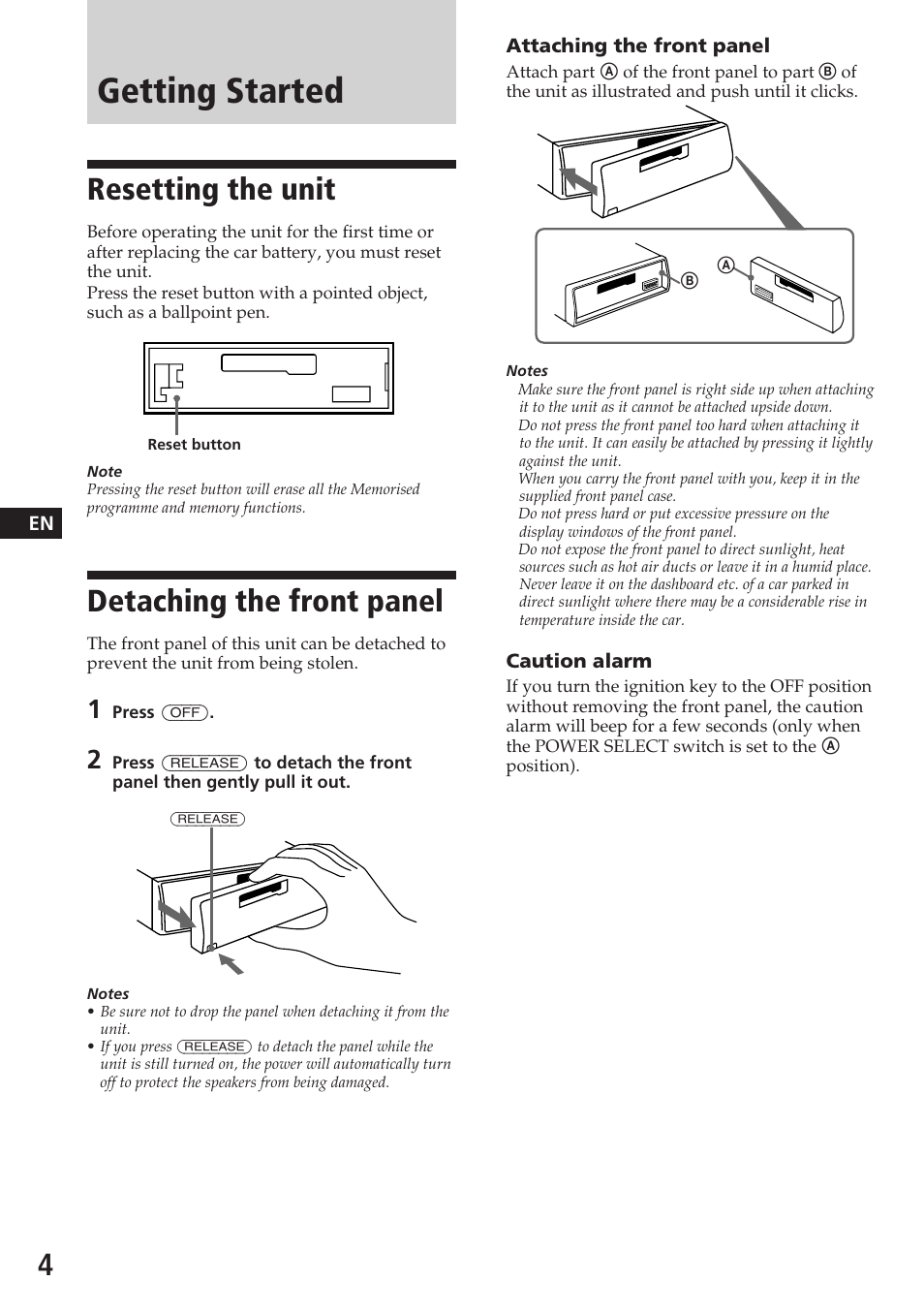 Getting started, Resetting the unit, Detaching the front panel | Sony ASD-3N/W User Manual | Page 4 / 72