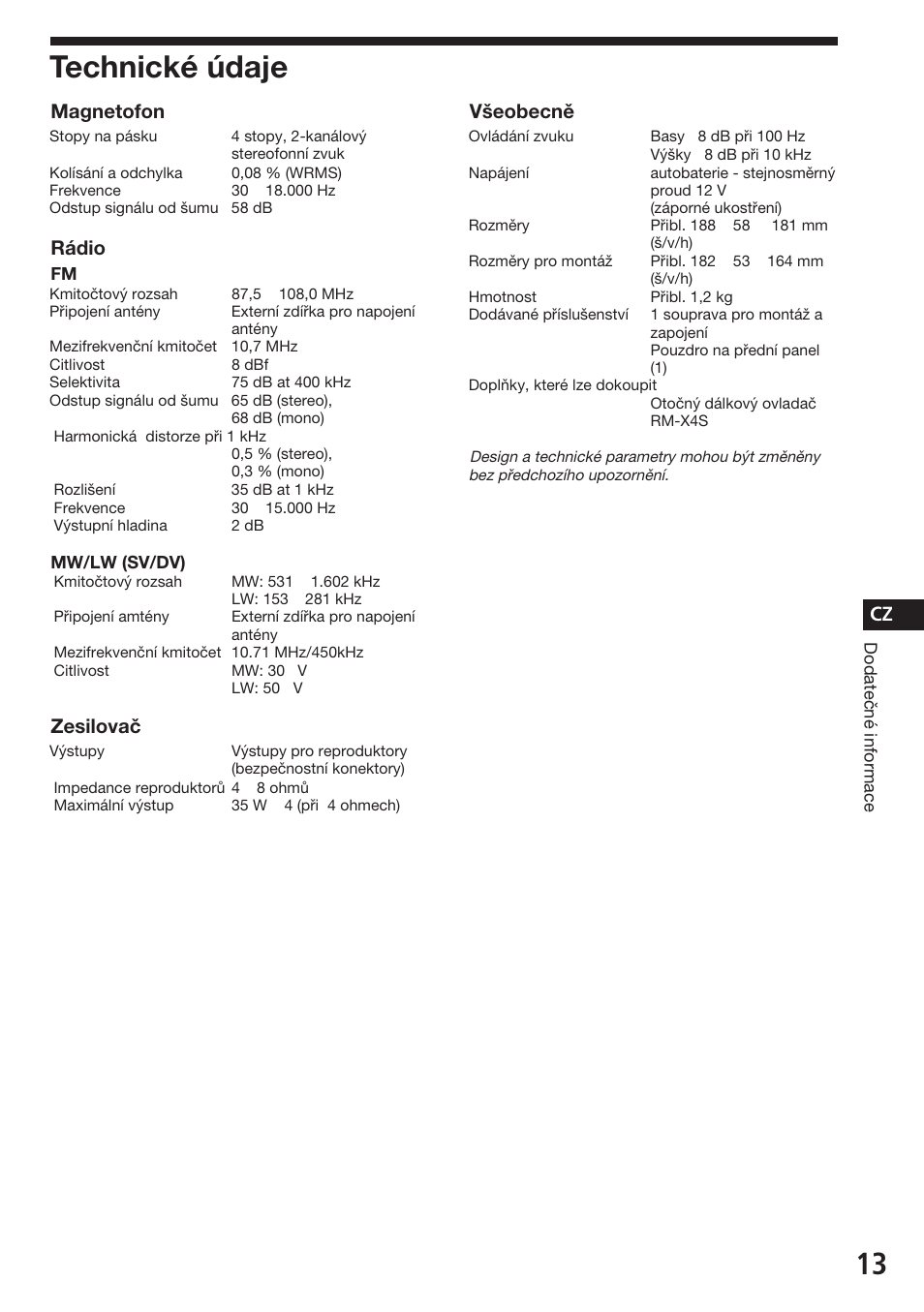 Technické údaje, Magnetofon, Rádio | Zesilovač, Všeobecně | Sony ASD-3N/W User Manual | Page 41 / 72