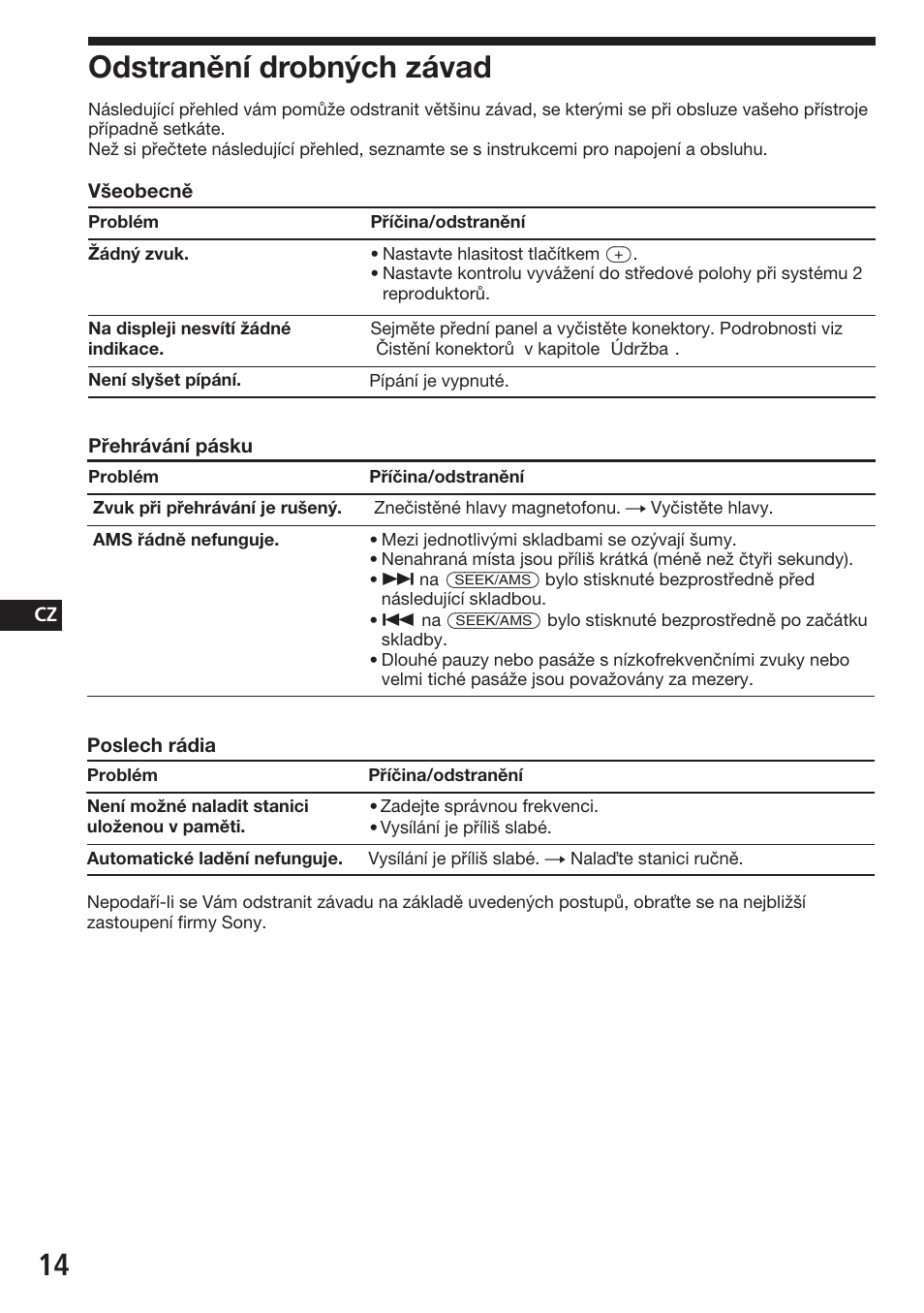 Odstranění drobných závad | Sony ASD-3N/W User Manual | Page 42 / 72