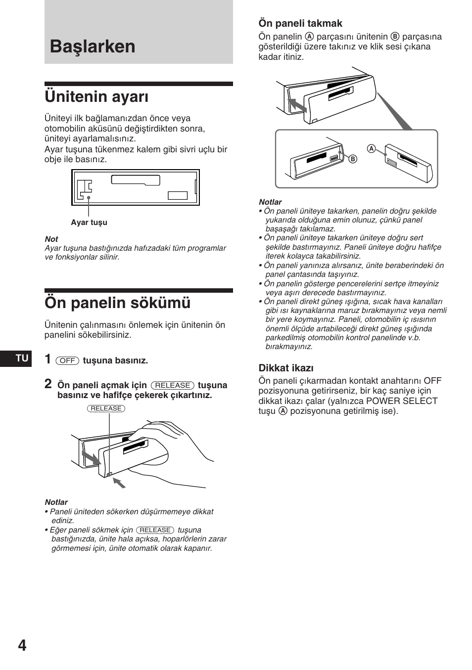 Başlarken, Ünitenin ayarı, Ön panelin sökümü | Sony ASD-3N/W User Manual | Page 60 / 72
