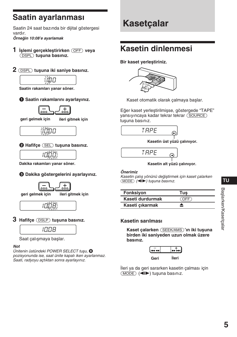 Kasetçalar, Kasetin dinlenmesi, Saatin ayarlanması | Sony ASD-3N/W User Manual | Page 61 / 72