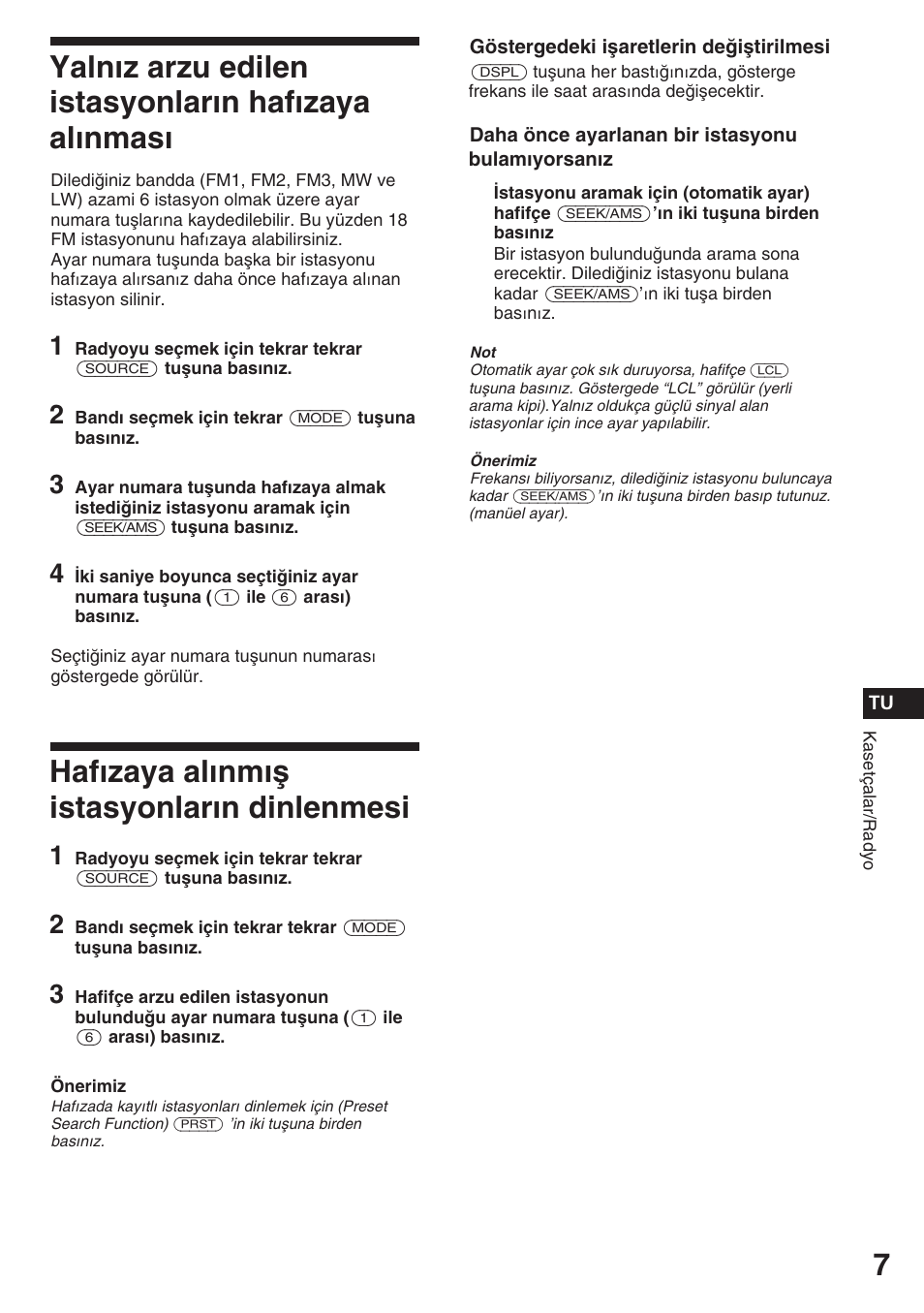 Yalnız arzu edilen istasyonların hafızaya alınması, Hafızaya alınmış istasyonların dinlenmesi | Sony ASD-3N/W User Manual | Page 63 / 72