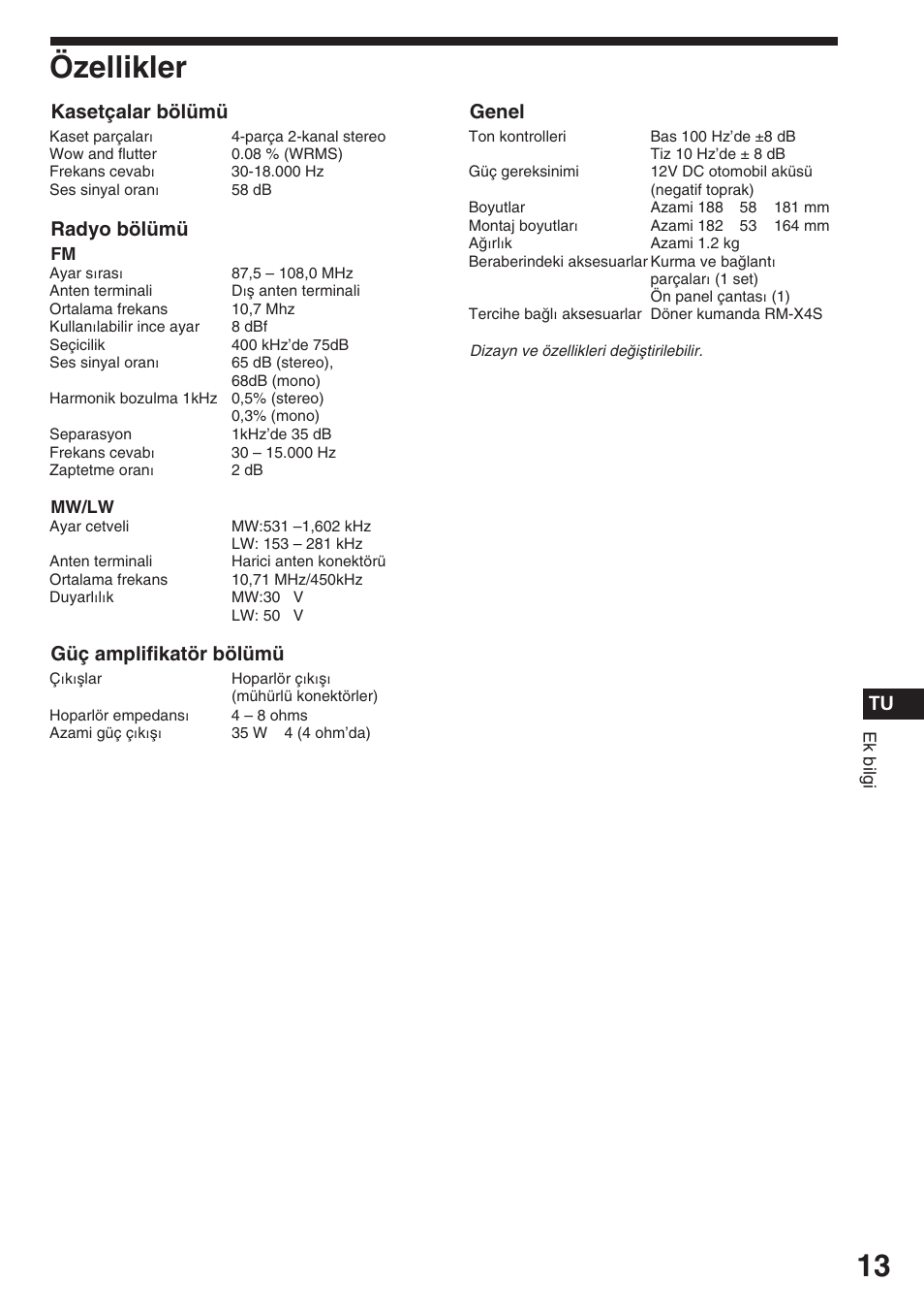 Özellikler, Kasetçalar bölümü, Radyo bölümü | Güç amplifikatör bölümü, Genel | Sony ASD-3N/W User Manual | Page 69 / 72