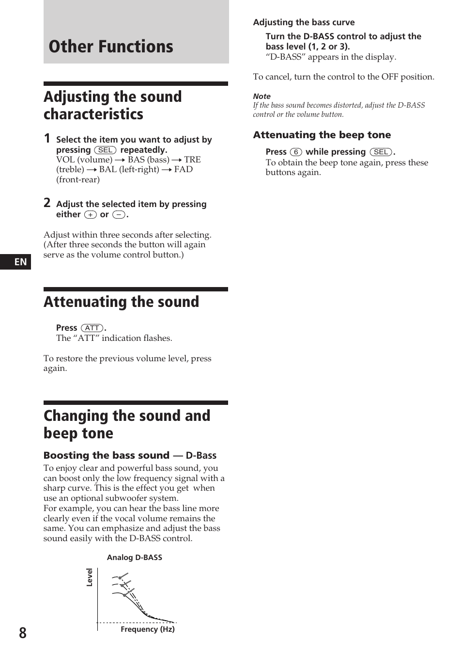 Other functions, Adjusting the sound characteristics, Attenuating the sound | Changing the sound and beep tone | Sony ASD-3N/W User Manual | Page 8 / 72