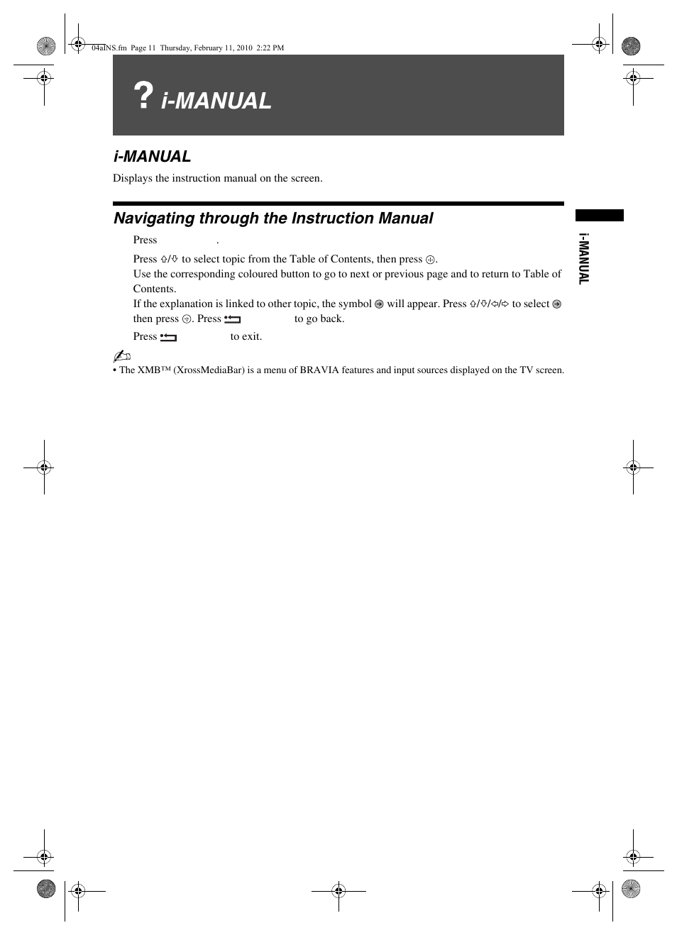 I-manual, Navigating through the instruction manual | Sony BRAVIA KDL-32EX3xx User Manual | Page 11 / 39