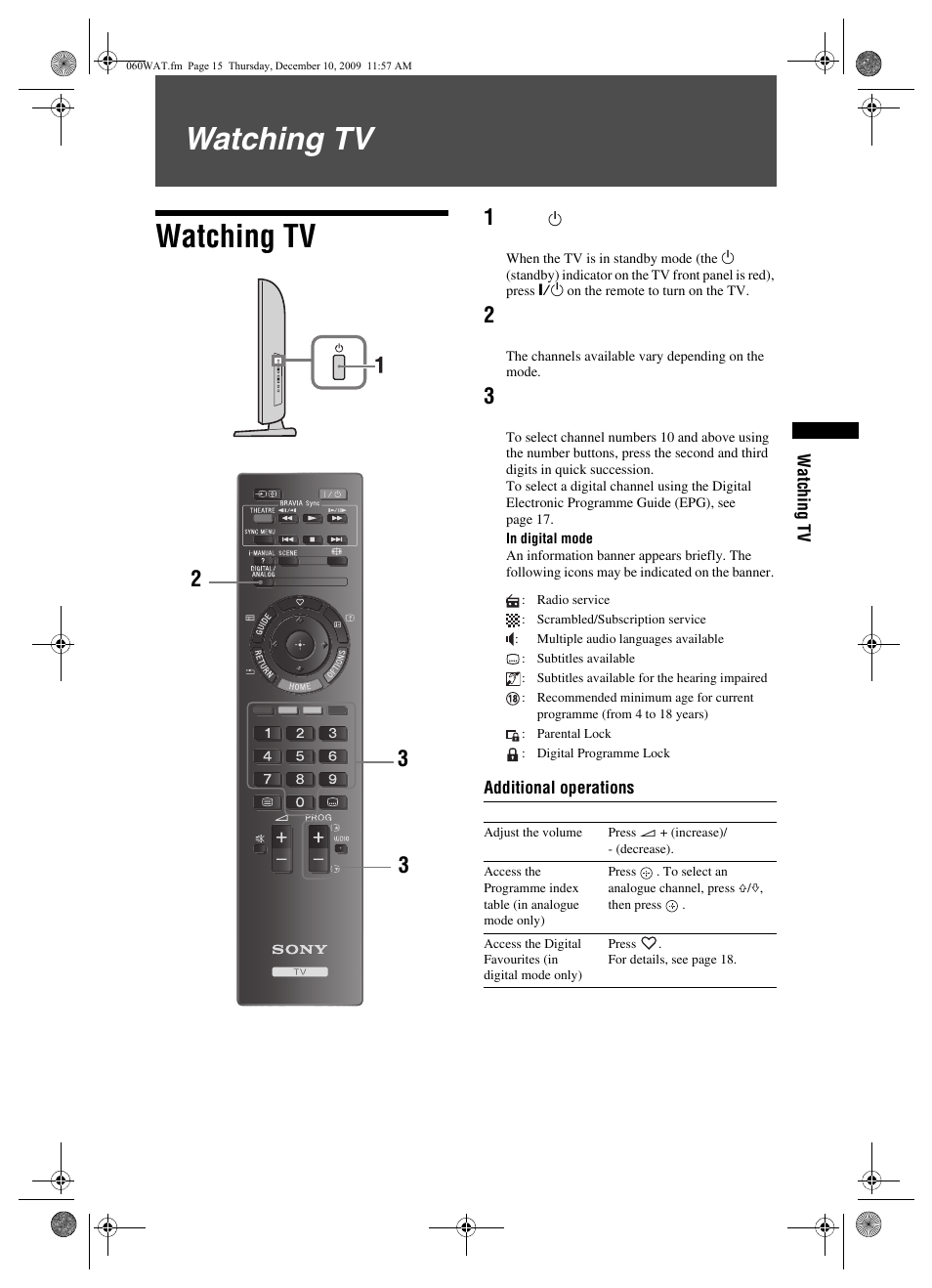 Watching tv | Sony BRAVIA KDL-32EX3xx User Manual | Page 15 / 39