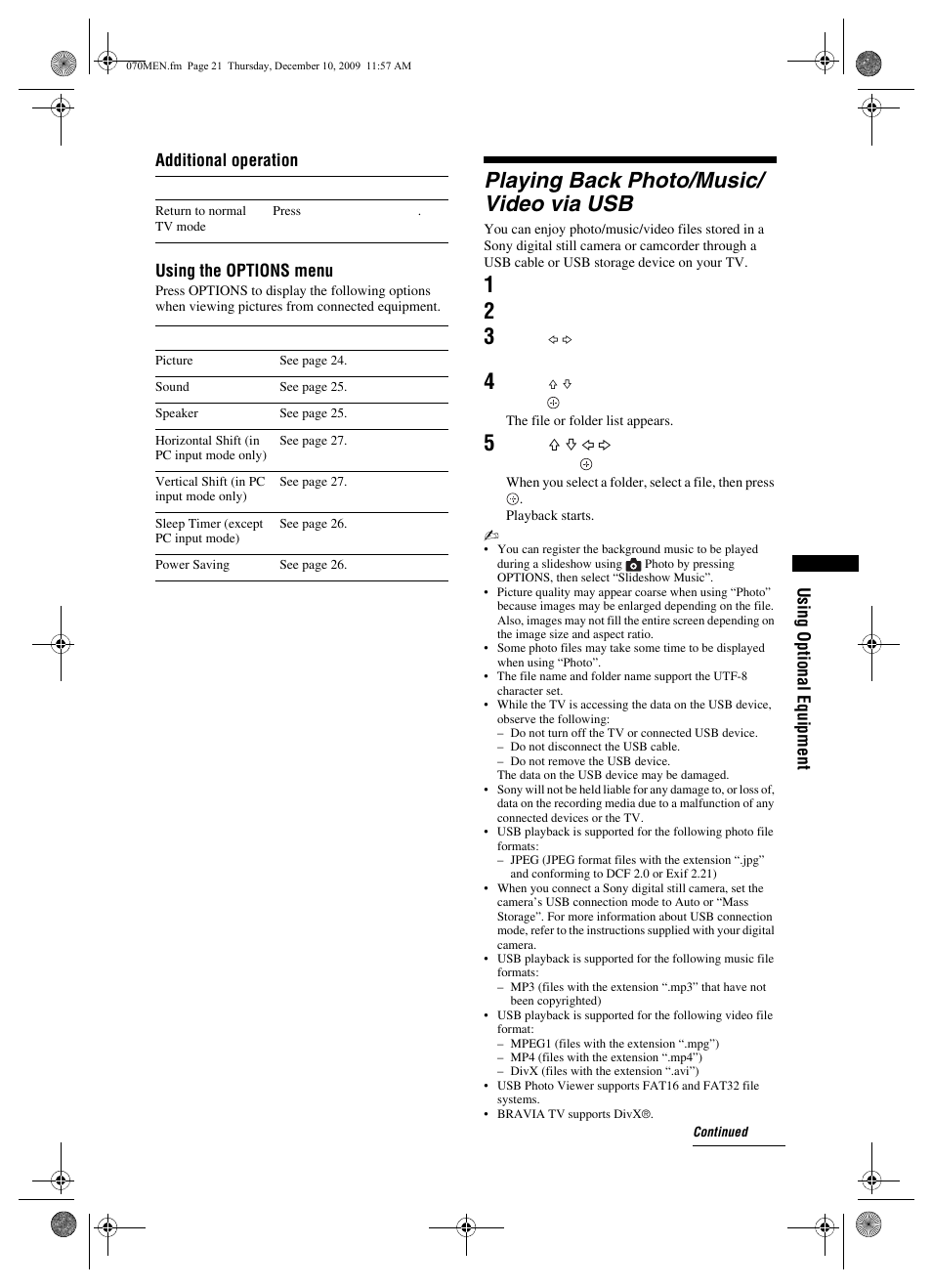 Playing back photo/music/ video via usb | Sony BRAVIA KDL-32EX3xx User Manual | Page 21 / 39