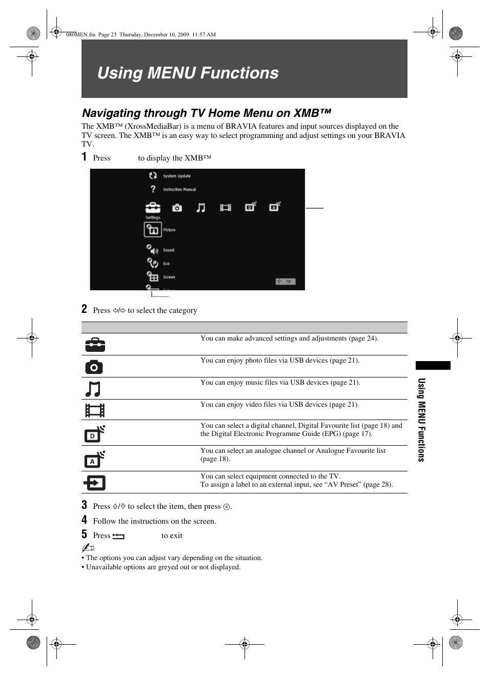 Using menu functions, Navigating through tv home menu on xmb | Sony BRAVIA KDL-32EX3xx User Manual | Page 23 / 39