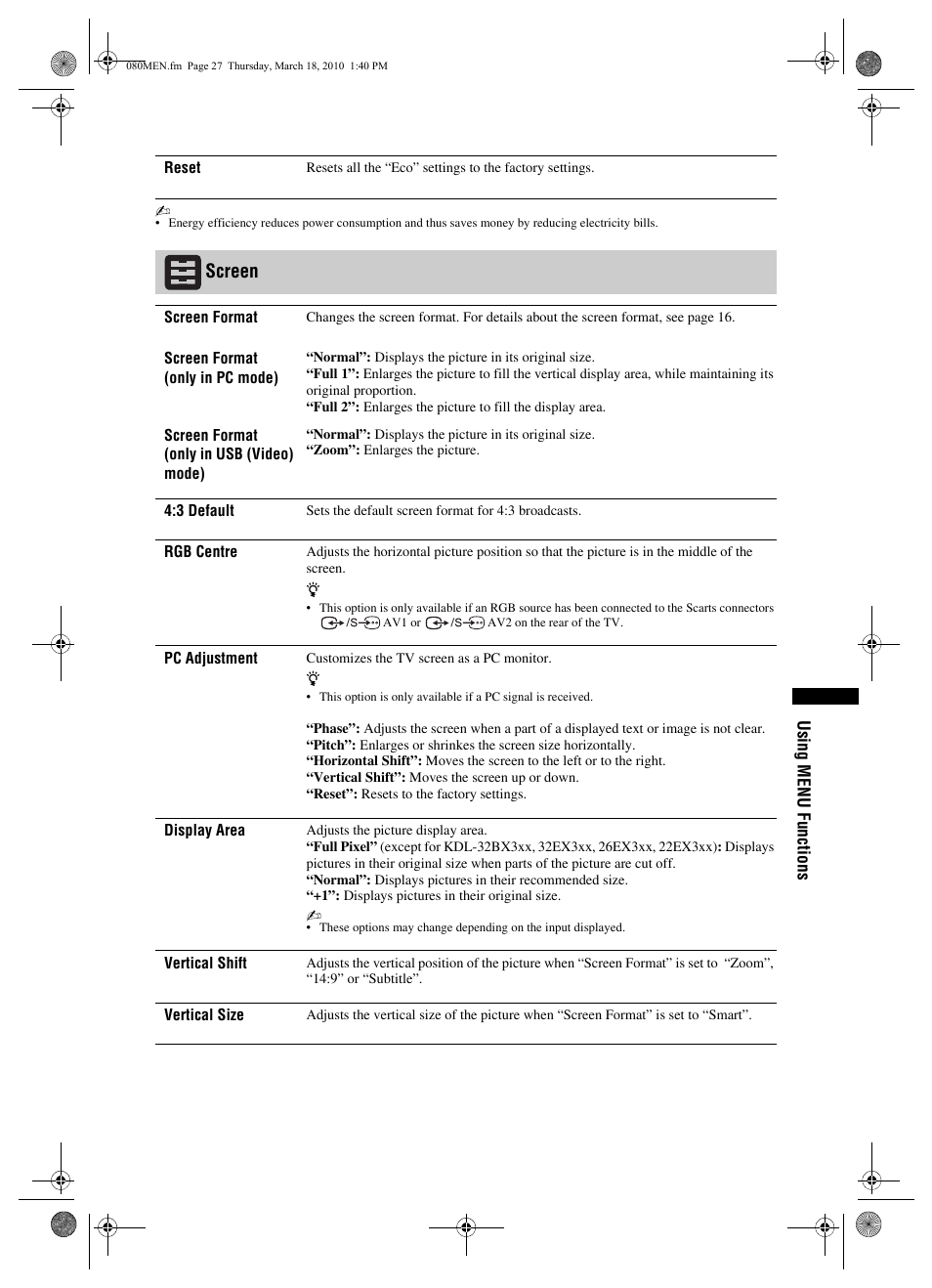 Screen | Sony BRAVIA KDL-32EX3xx User Manual | Page 27 / 39