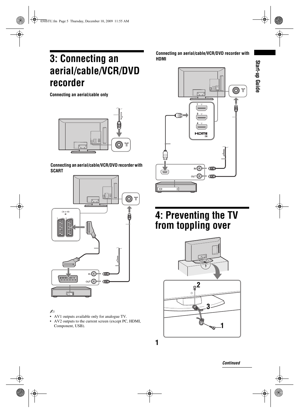 Connecting an aerial/cable/vcr/dvd recorder, Preventing the tv from toppling over | Sony BRAVIA KDL-32EX3xx User Manual | Page 5 / 39