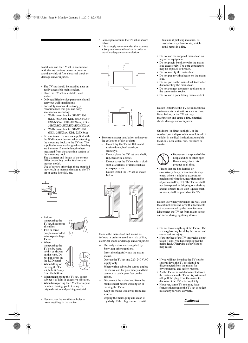 Safety information, Installation/set-up, Mains lead | Prohibited usage, Broken pieces, When not in use | Sony BRAVIA KDL-32EX3xx User Manual | Page 9 / 39