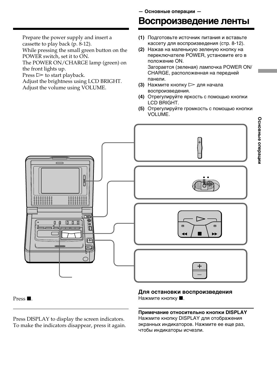 Basic operations, Playing back a tape, Bоcпpоизвeдeниe лeнты | Sony DIGITAL 8 GV-D800E User Manual | Page 13 / 112