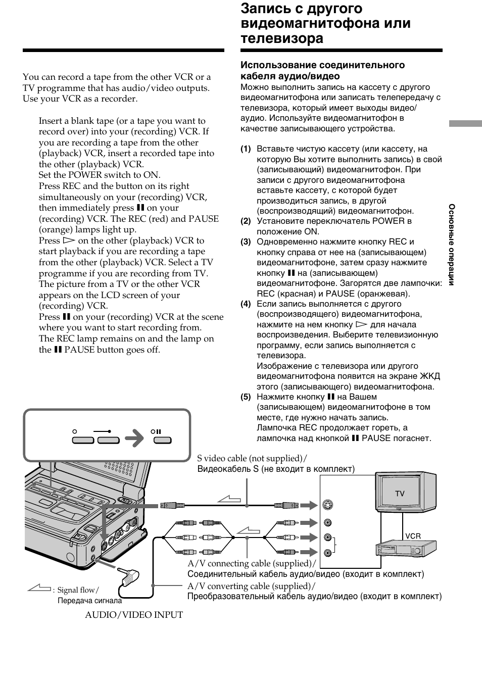 Recording from the other vcr or tv, Зaпиcь c дpyгого видeомaгнитофонa или тeлeвизоpa | Sony DIGITAL 8 GV-D800E User Manual | Page 23 / 112