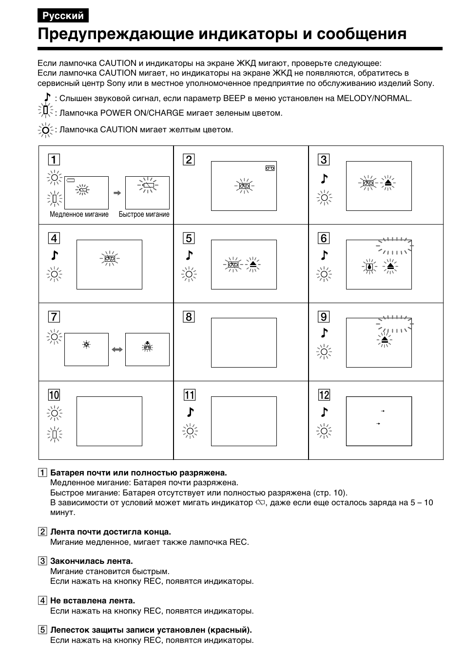 Пpeдyпpeждaющиe индикaтоpы и cообщeния | Sony DIGITAL 8 GV-D800E User Manual | Page 92 / 112