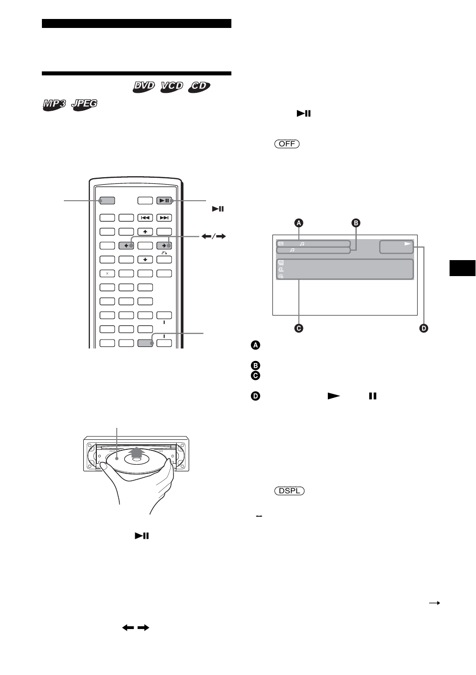 Player, Playing discs, Display items on the cd/mp3 playback | Aalbum number, Cdisc name, Album name, Track name/ id3 tag information, Continue to next page t, Ac b d | Sony R5 User Manual | Page 15 / 152