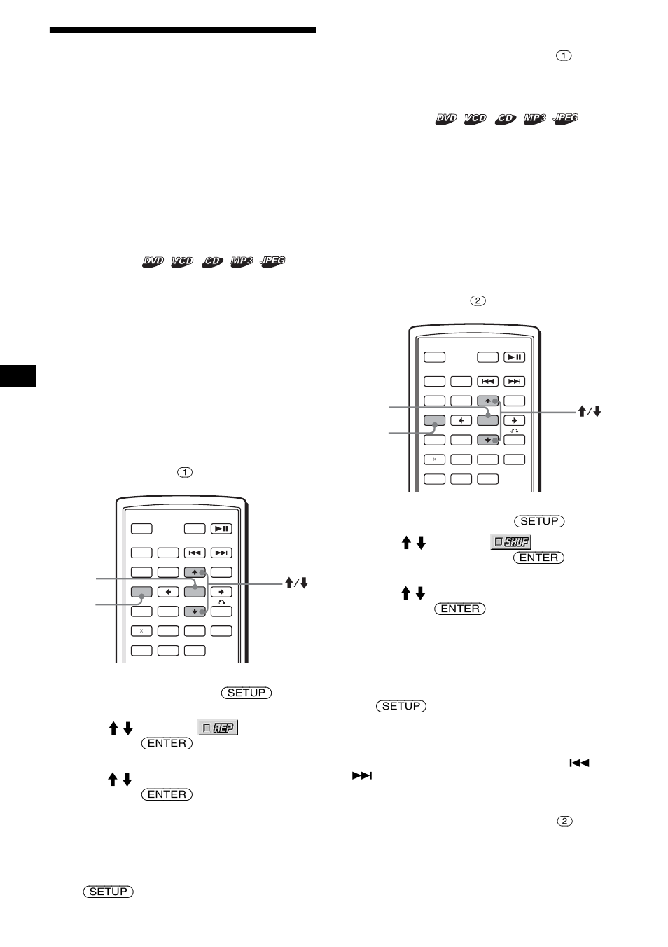 Playing in various modes, Repeat play/shuffle play/search play, Repeat play/shuffle play/ search play | Rep 20, 20 playing in various modes, Playing repeatedly, Playing in random order, Repeat play, Shuffle play, During playback, press (setup) | Sony R5 User Manual | Page 20 / 152