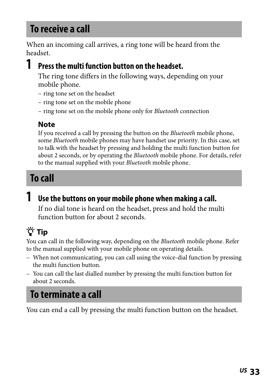 To receive a call, To call, To terminate a call | To receive a call to call to terminate a call | Sony DR-BT101IK User Manual | Page 33 / 92