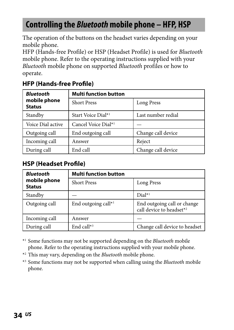 Controlling the bluetooth mobile phone – hfp, hsp, Controlling the bluetooth, Mobile phone – hfp, hsp | Hfp (hands-free profile), Hsp (headset profile) | Sony DR-BT101IK User Manual | Page 34 / 92